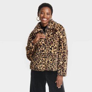 NWT A New Day Women's Faux Fur Leopard Print Zip Jacket Small